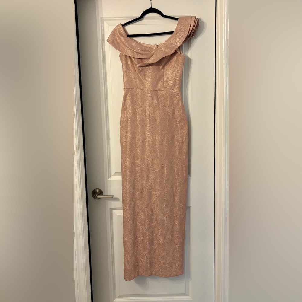 Rickie Freeman for Teri Jon Metallic Jacquard Ruffle Gown in Blush